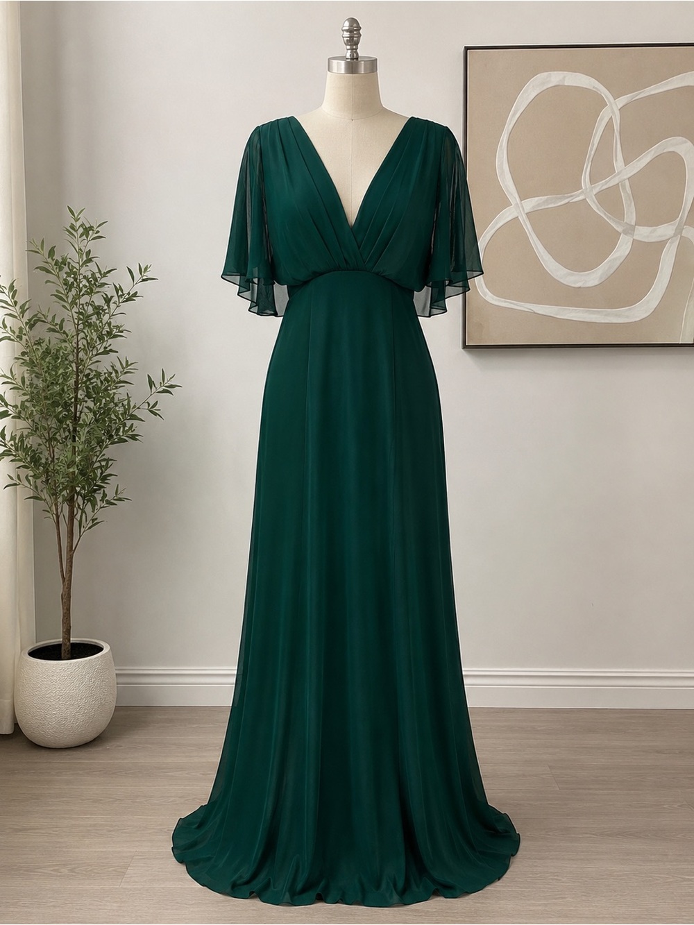 Elegant Deep Green V-Neck Evening Dress